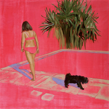 A vibrant painting with a young girl around a pool
